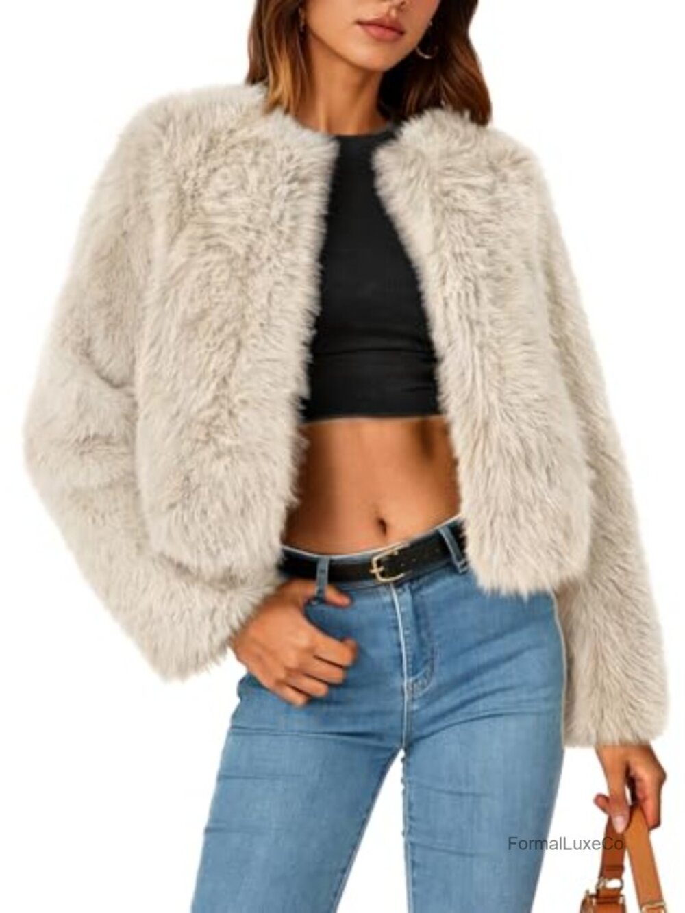 Faux Fur Cropped Jacket Fluffy Coat Hook Closure Winter Outerwear